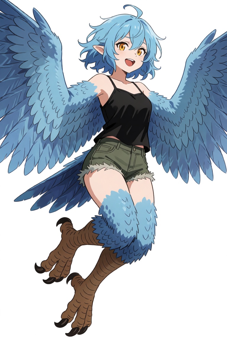 An illustration of a light blue harpy monster girl in a dynamic mid-air pose against a plain white background,  captured i...