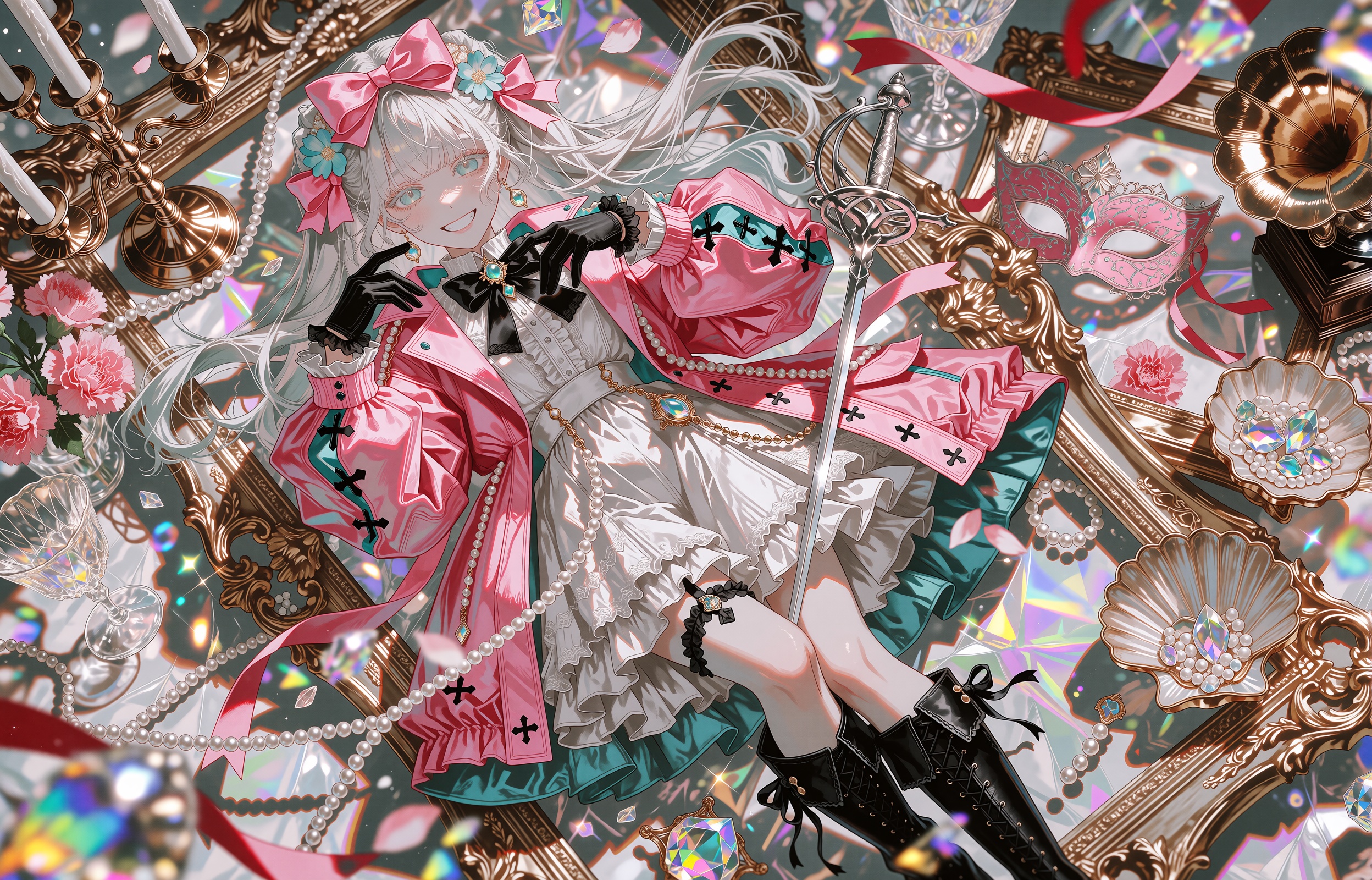 A joyful anime girl with long flowing silver-white hair and bright teal eyes lies diagonally across an ornate overhead tab...
