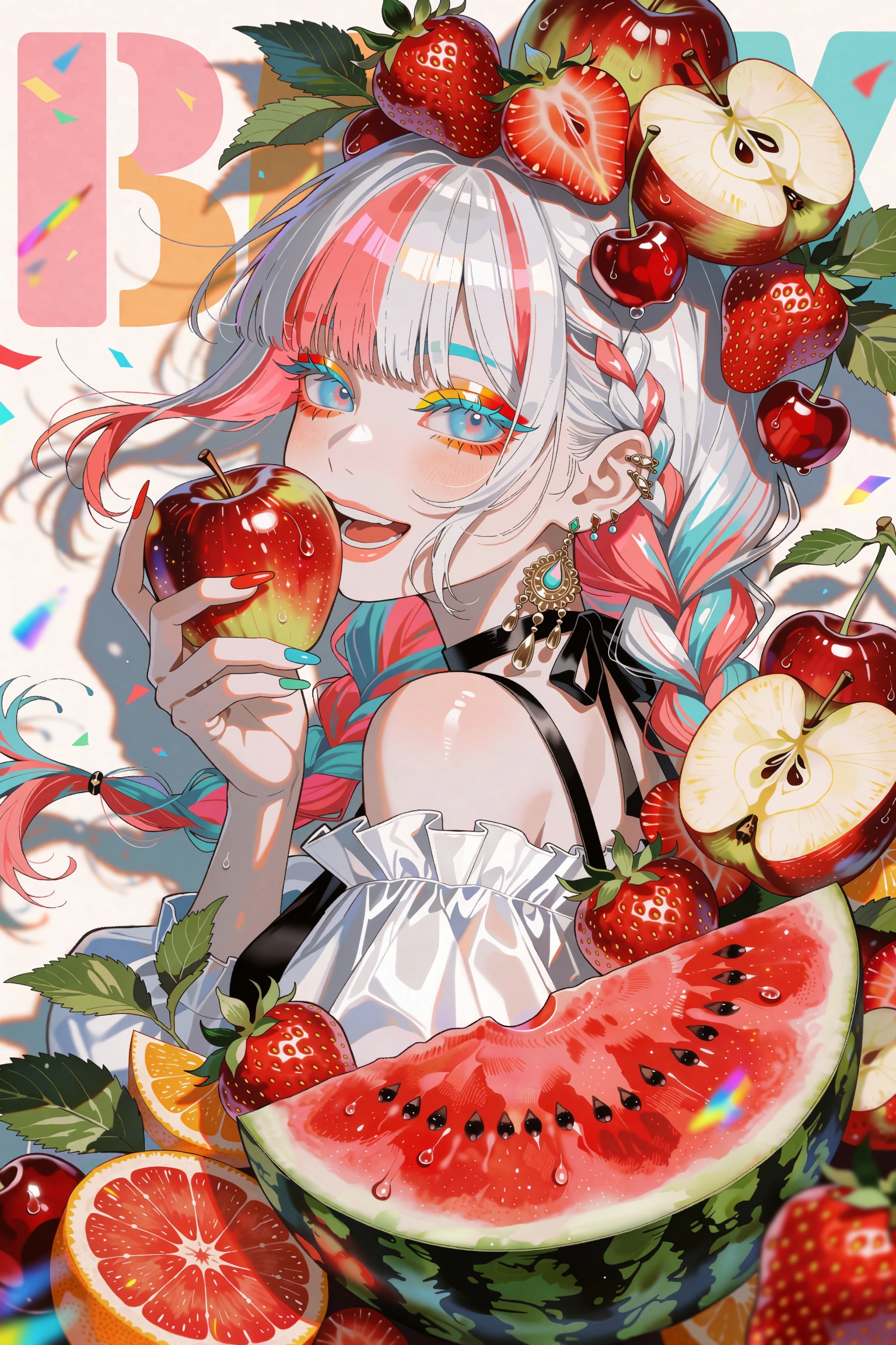 A playful anime girl with long silver-white hair vividly streaked in coral pink and teal,  woven into a thick loose braid...