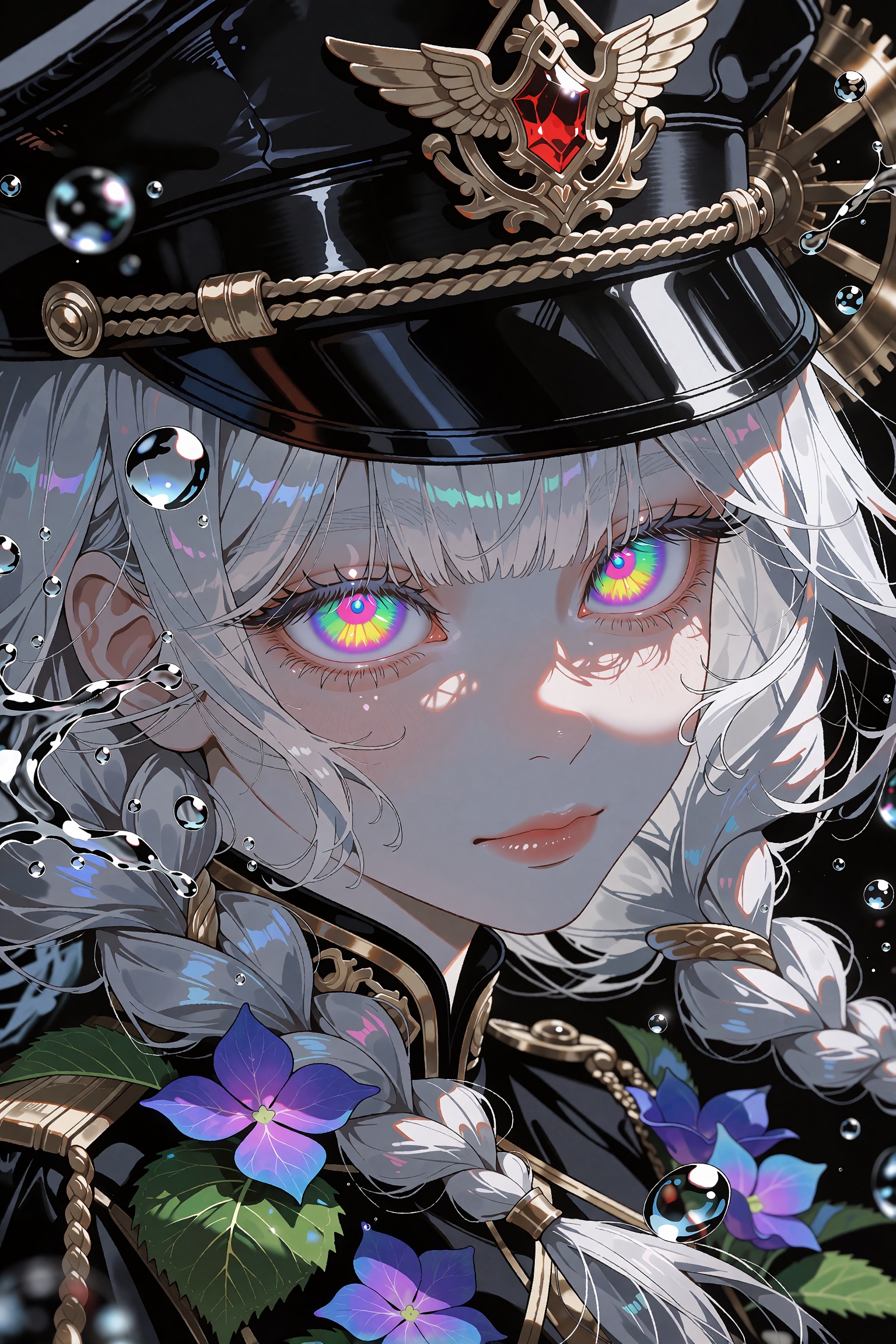 An extreme close-up anime portrait of a mysterious girl wearing a glossy black military peaked cap adorned with an ornate...