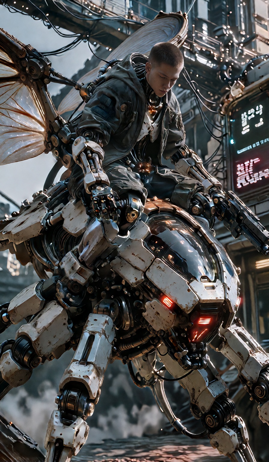 A cyberpunk-themed scene featuring a male mecha soldier with an athletic build,  Without a mustache and beard,  sitting at...