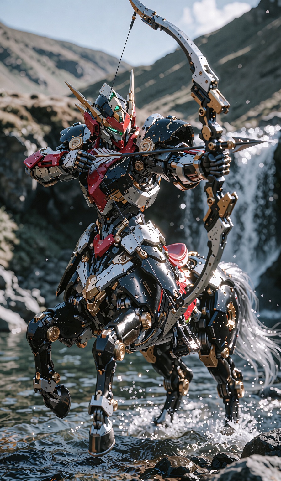 a black and red mecha-armor Sagittarius centaur knight with gold accents aiming with a super-advanced bow,  a river in the...