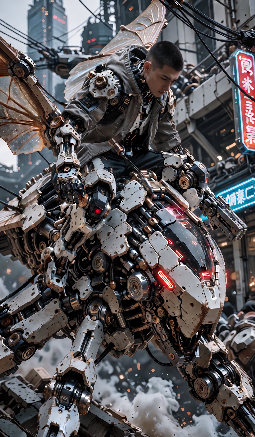 A cyberpunk-themed scene featuring a male mecha soldier with an athletic build,  Without a mustache and beard,  sitting at...