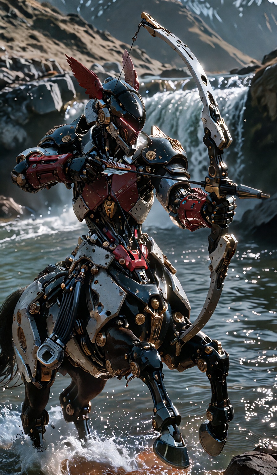 a black and red mecha-armor Sagittarius centaur knight with gold accents aiming with a super-advanced bow,  a river in the...