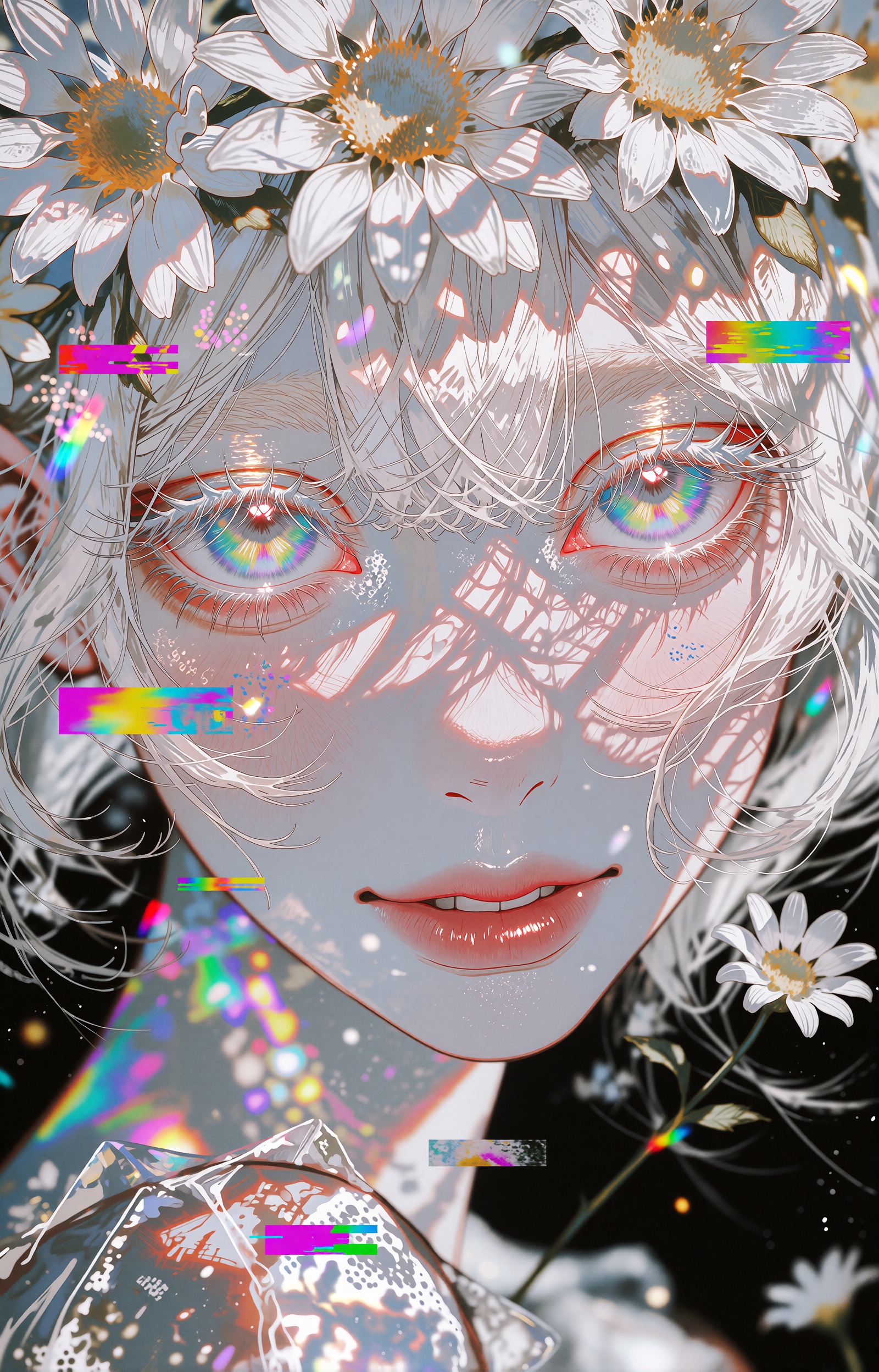 A close-up anime portrait of a young girl with long flowing white-silver hair and pale luminous skin,  her head crowned by...