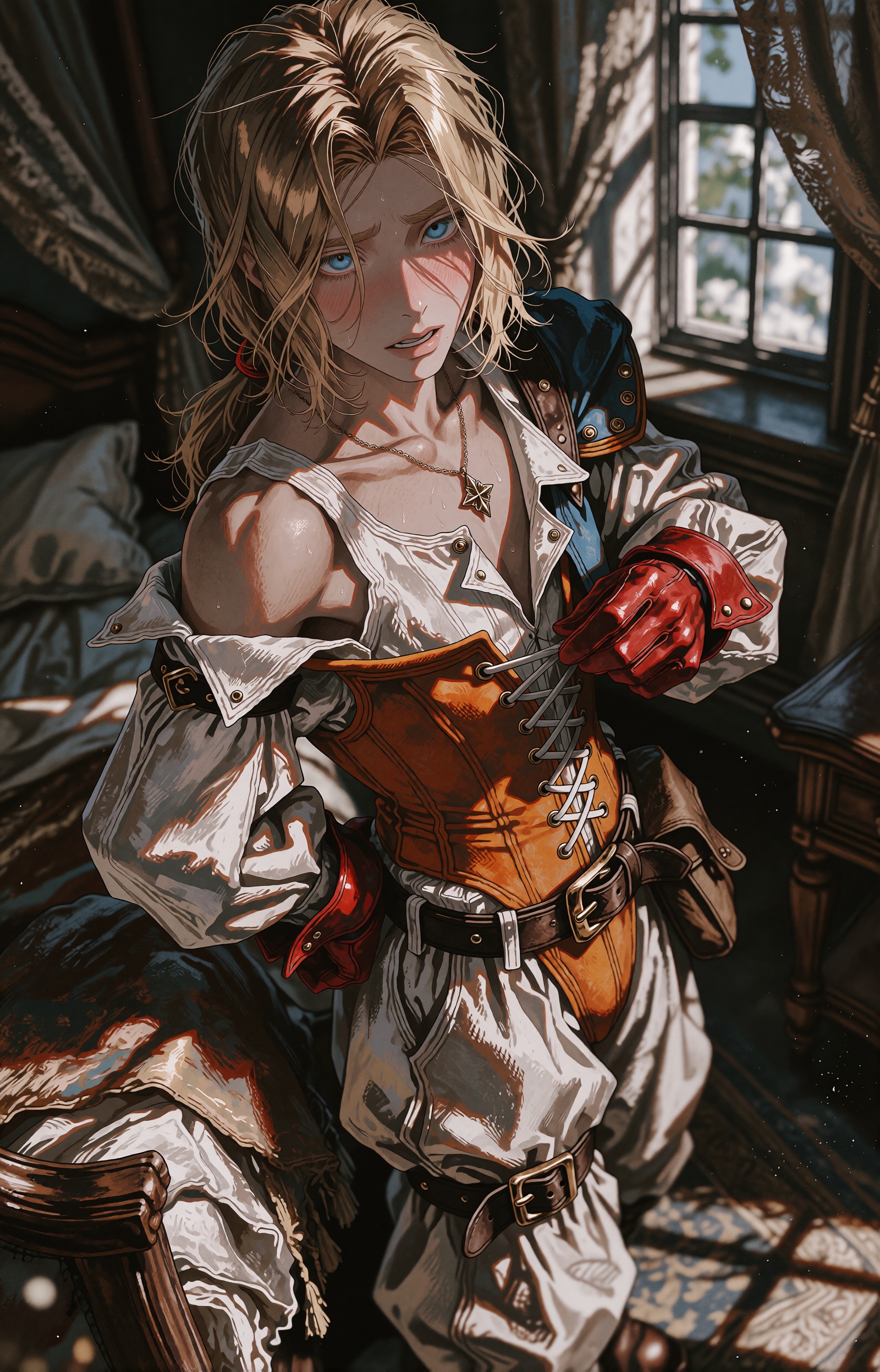 A young man with long blonde hair tied in a low ponytail and parted bangs framing his face — Zidane Tribal of Final Fantas...