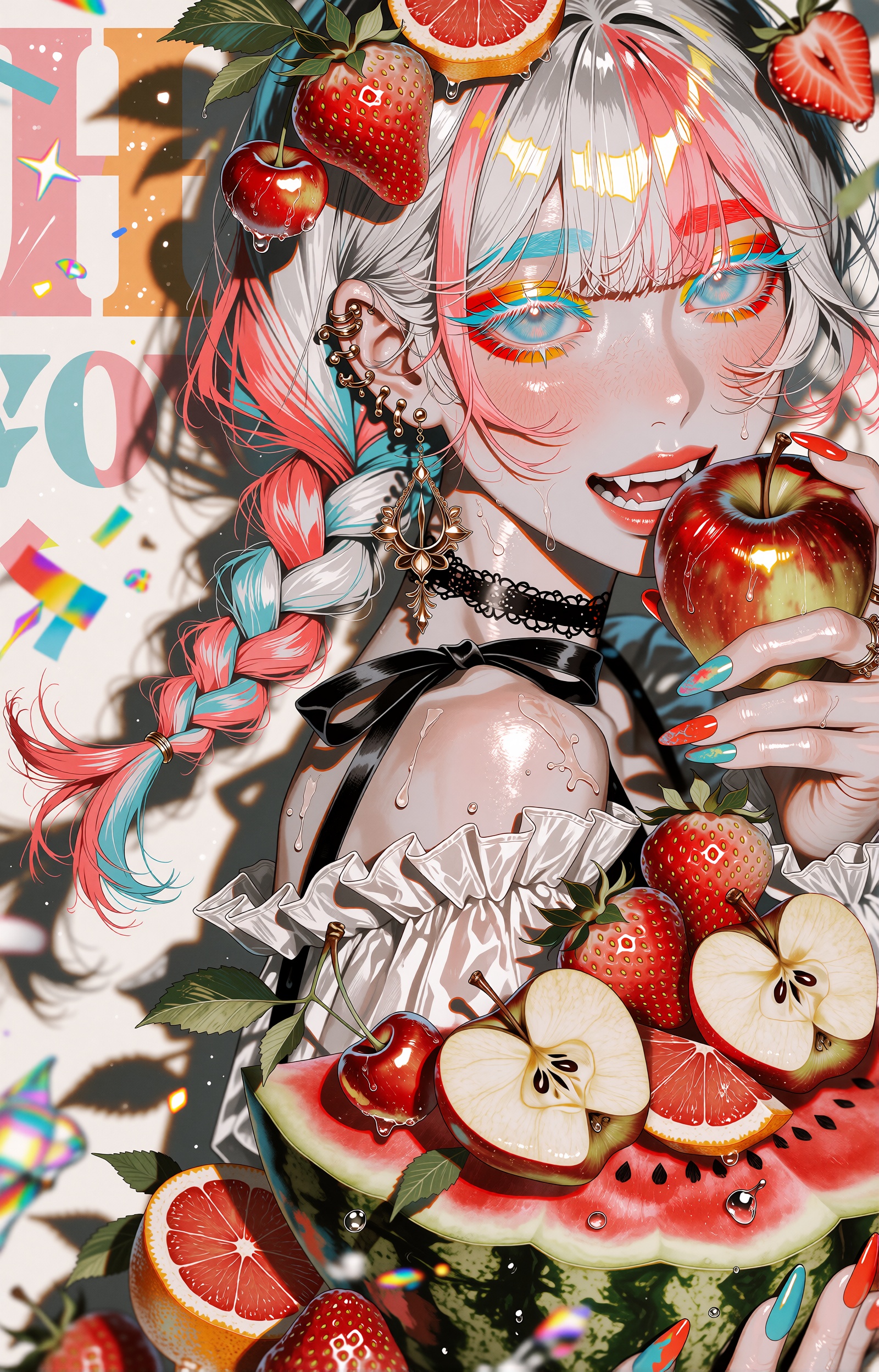A playful anime girl with long silver-white hair vividly streaked in coral pink and teal,  woven into a thick loose braid...