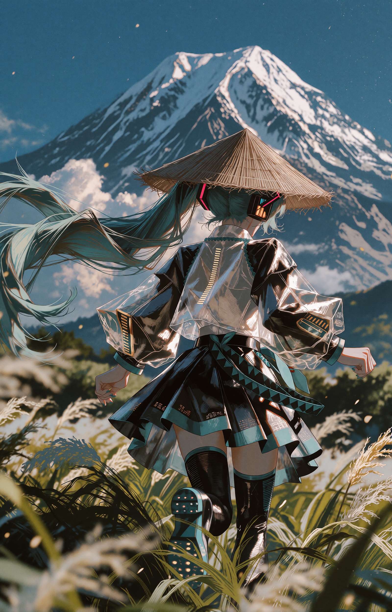 Hatsune Miku,  her endlessly long turquoise twin-tails streaming in the wind,  runs through tall on Tensor.Art