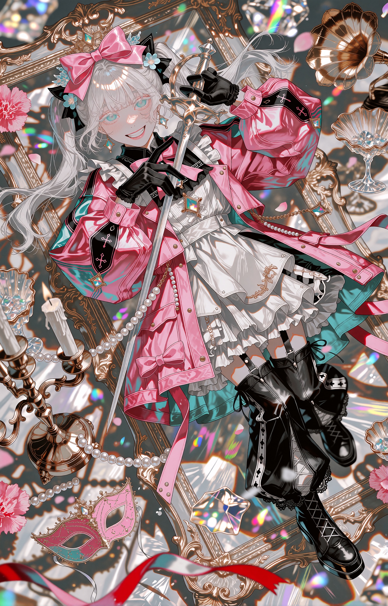 A joyful anime girl with long flowing silver-white hair and bright teal eyes lies diagonally across an ornate overhead tab...