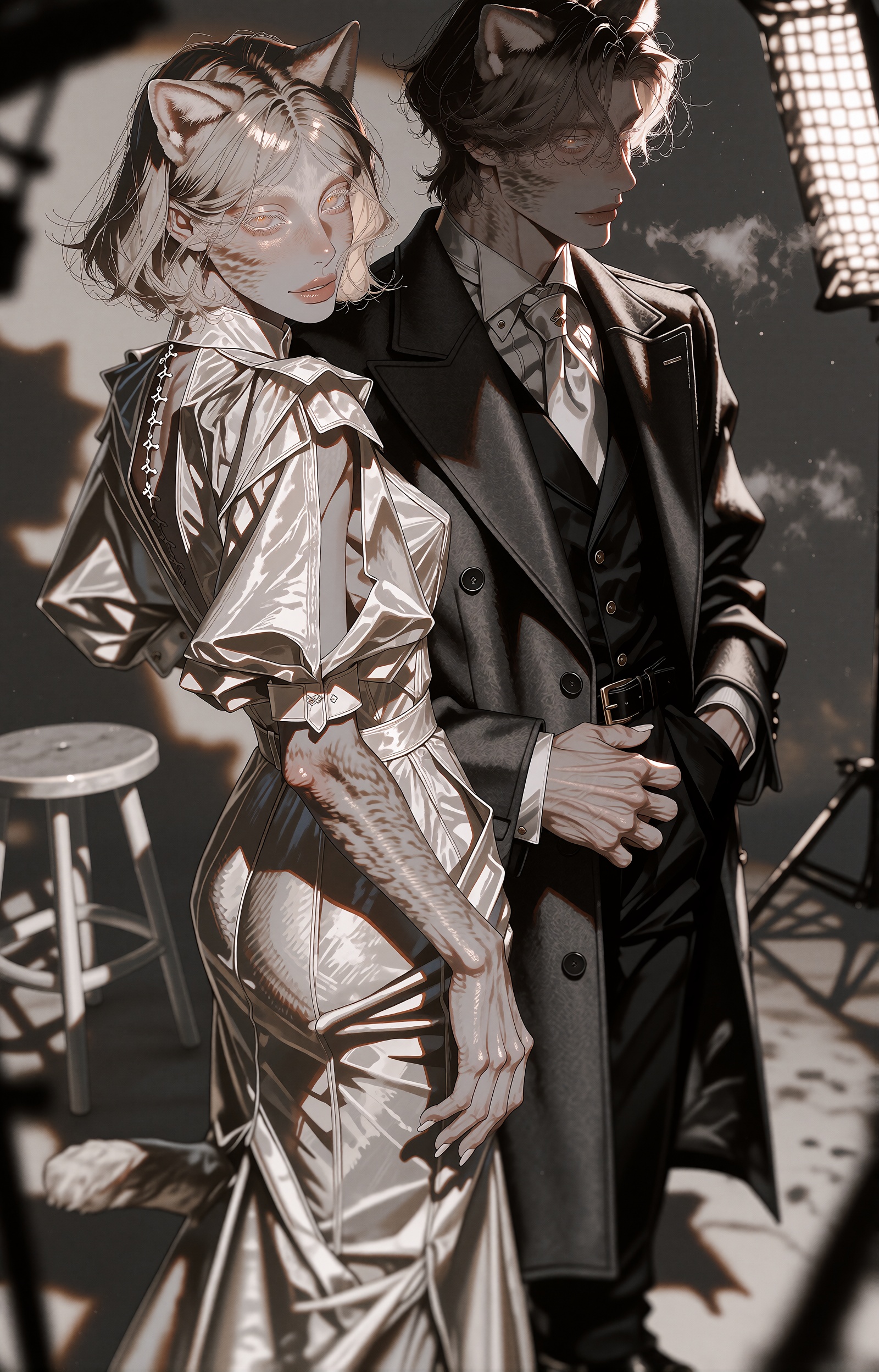 A professional fashion photoshoot of two demi-human models,  one male and one female,  rendered in a semi-realistic manhwa...