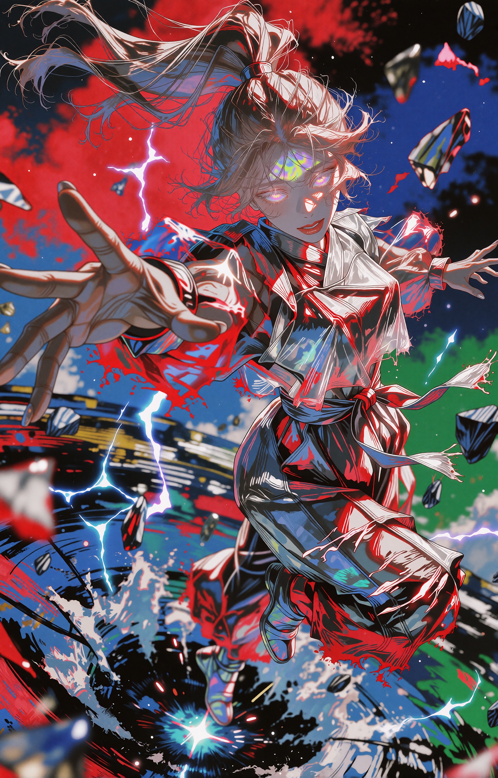 A beautiful ethereal woman stands at the eye of a collapsing world,  her body arched in a dynamic mid-motion pose with one...