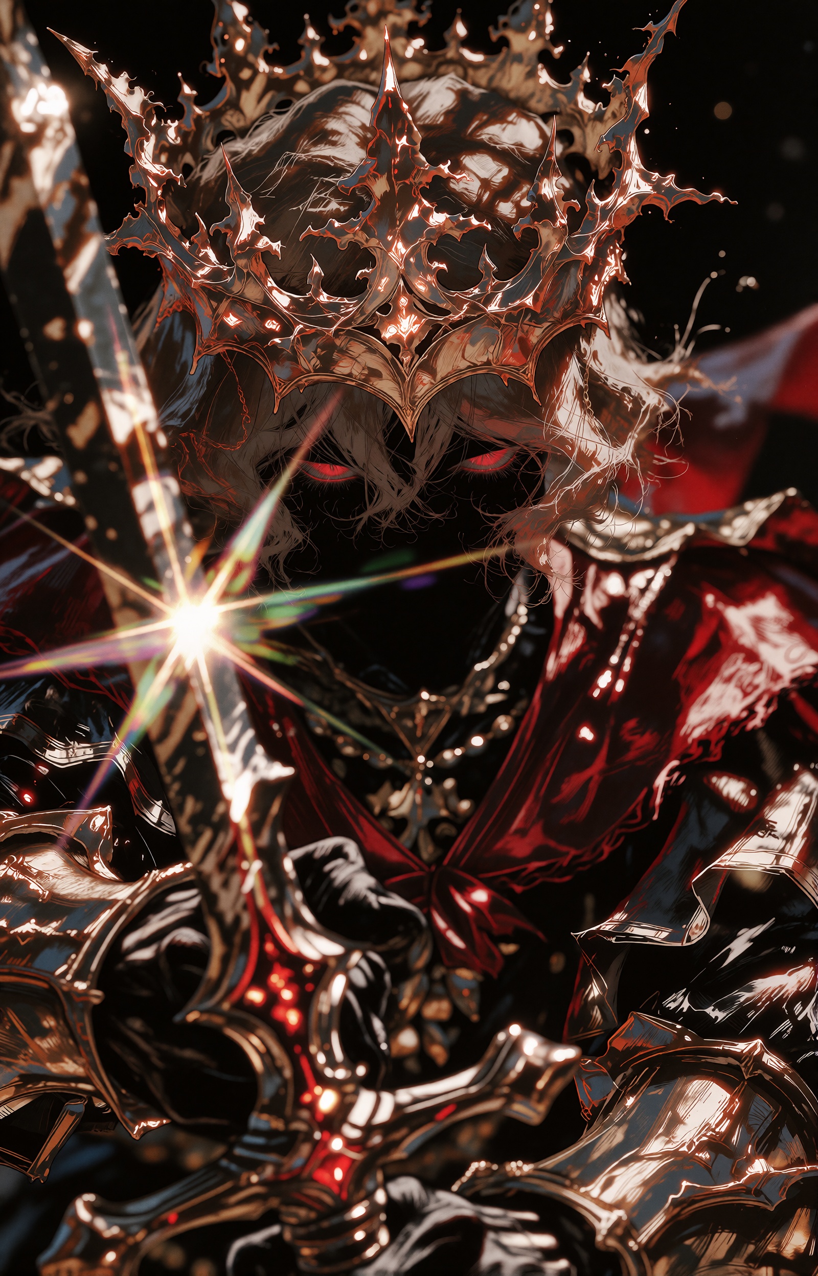Dark fantasy oil painting of an ominous demonic sovereign wearing an impossibly ornate baroque crown of molten gold and co...