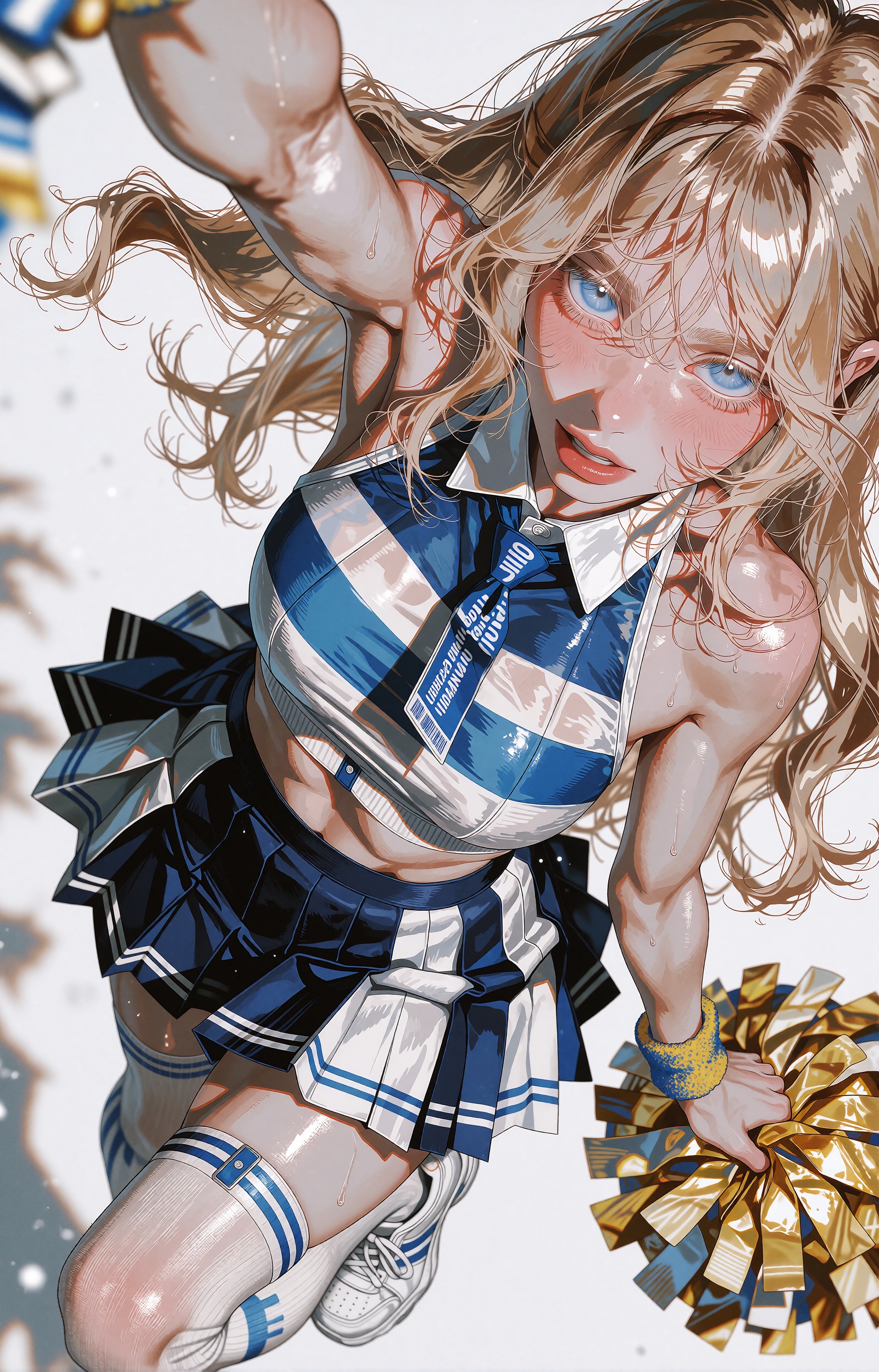 A young anime cheerleader with long flowing wavy blonde hair and vivid blue eyes floats suspended against a seamless plain...