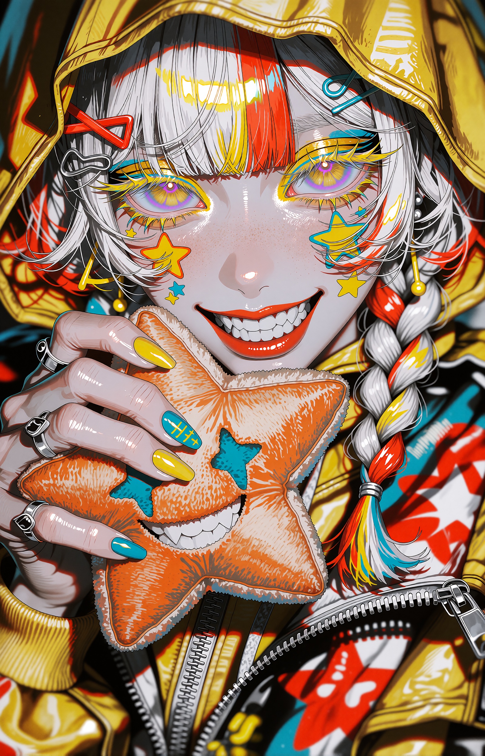 Close-up portrait of a stylish anime girl with a mischievous grin and sharp teeth,  wearing a bright yellow hoodie with th...