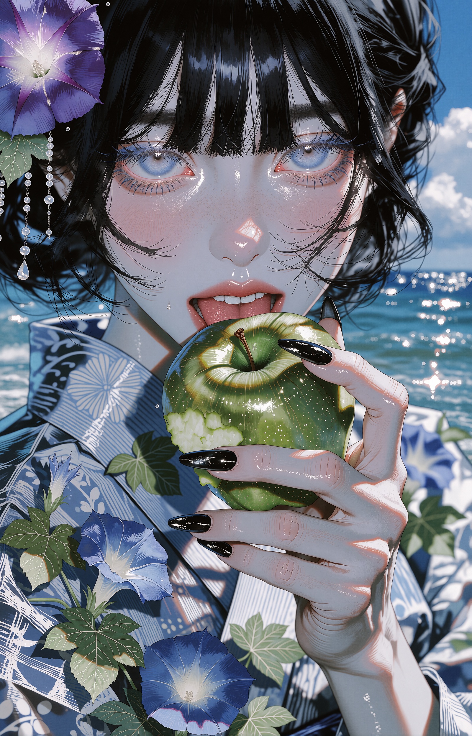 A hyper-realistic portrait of a hauntingly beautiful young woman with straight jet-black hair and sharp bangs,  her enormo...