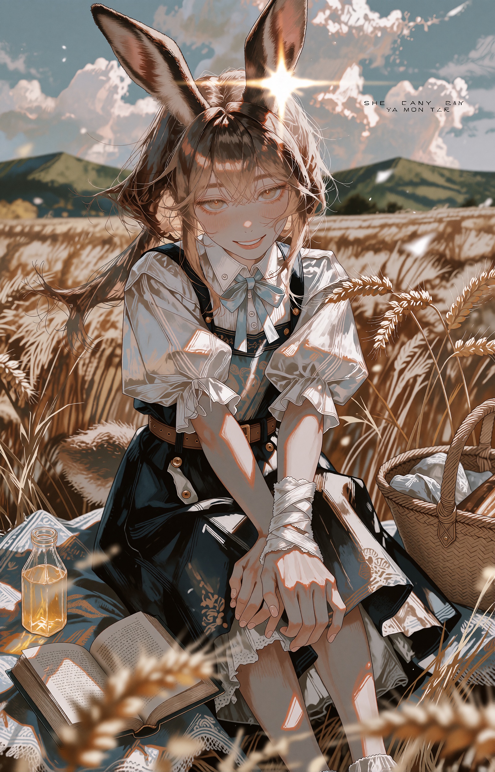 A young anime girl with extraordinarily long hare-like rabbit ears and flowing chestnut-brown hair sits among ripe golden...