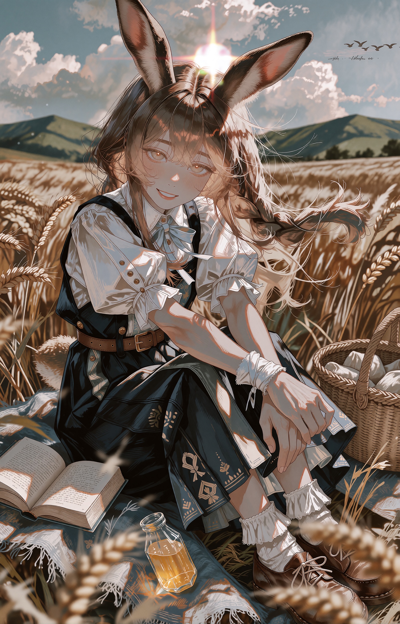 A young anime girl with extraordinarily long hare-like rabbit ears and flowing chestnut-brown hair sits among ripe golden...