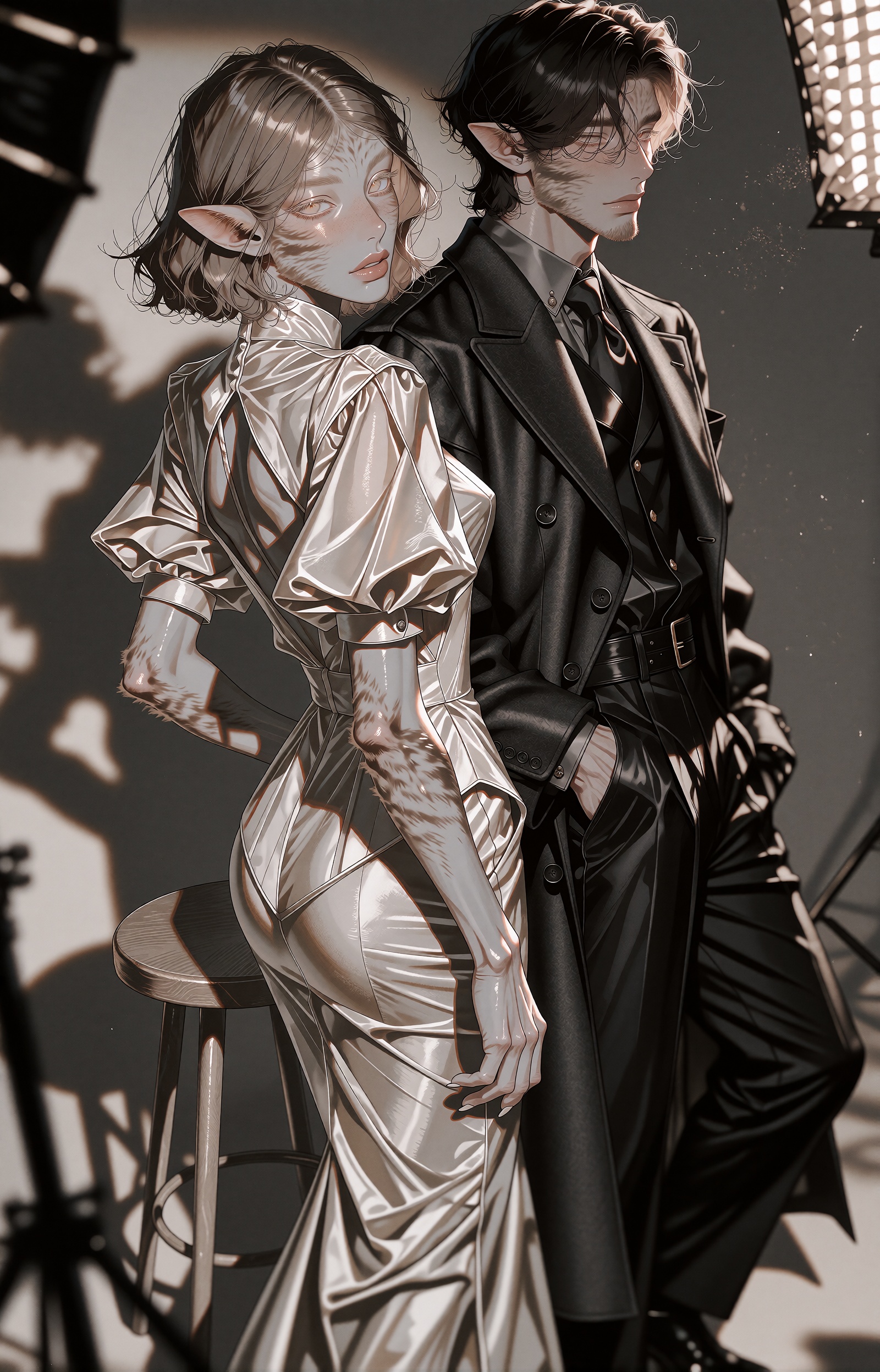 A professional fashion photoshoot of two demi-human models,  one male and one female,  rendered in a semi-realistic manhwa...