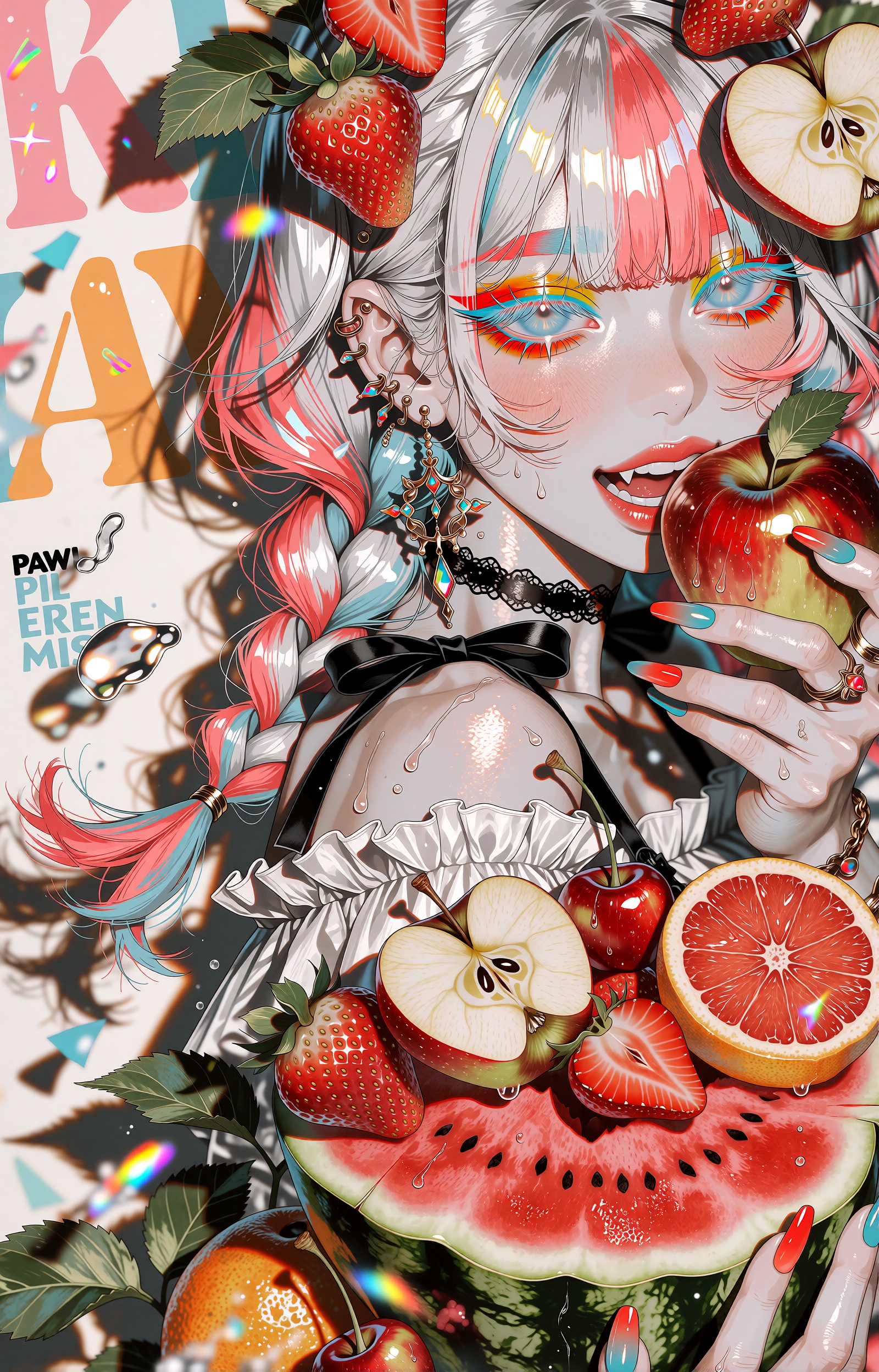 A playful anime girl with long silver-white hair vividly streaked in coral pink and teal,  woven into a thick loose braid...
