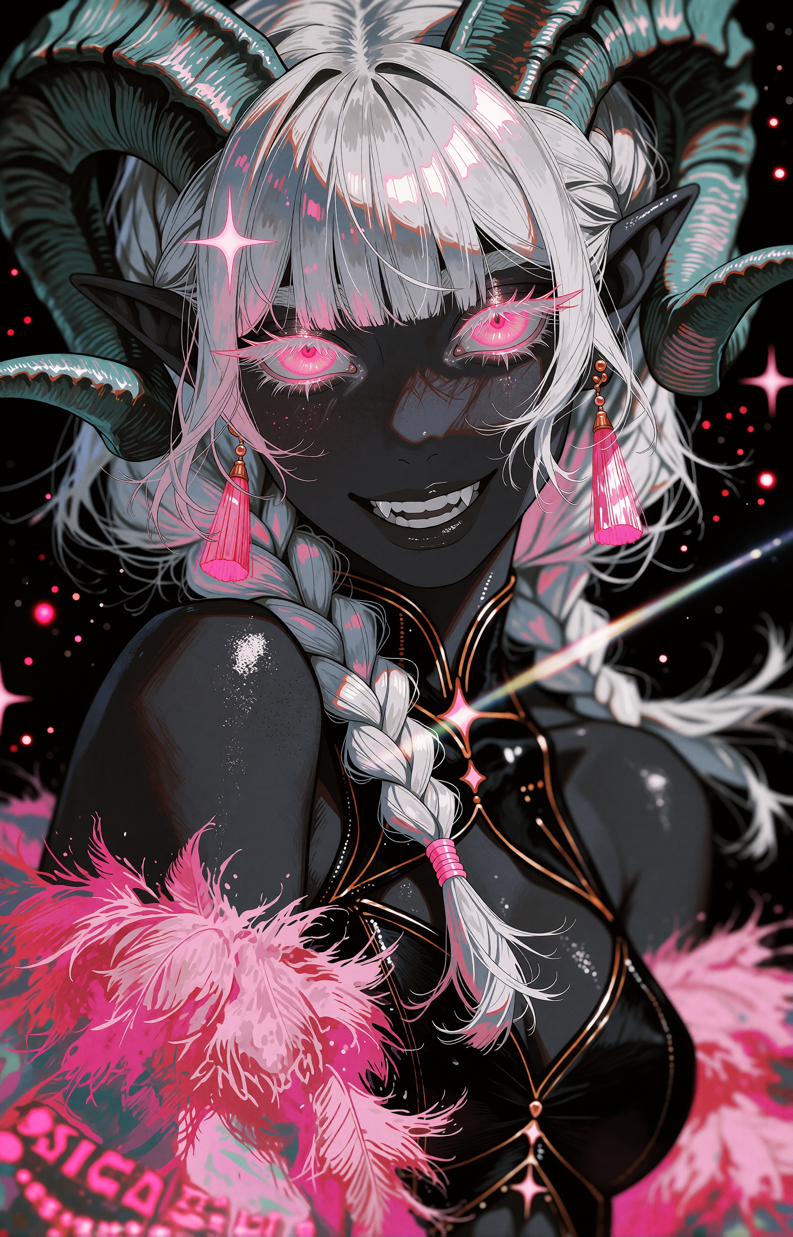 A close-up anime bust portrait of a young demon girl with dark charcoal-grey skin and long flowing silver-white hair,  blu...