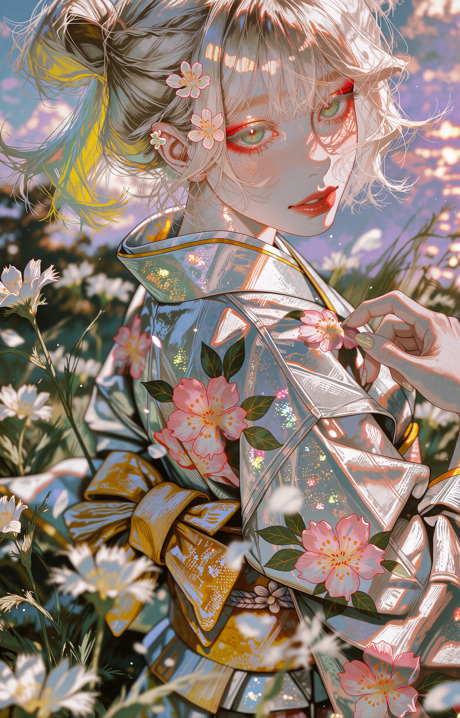 A luminous anime-style illustration depicts a young woman with long platinum-blonde hair,  partly gathered up,  tilting he...