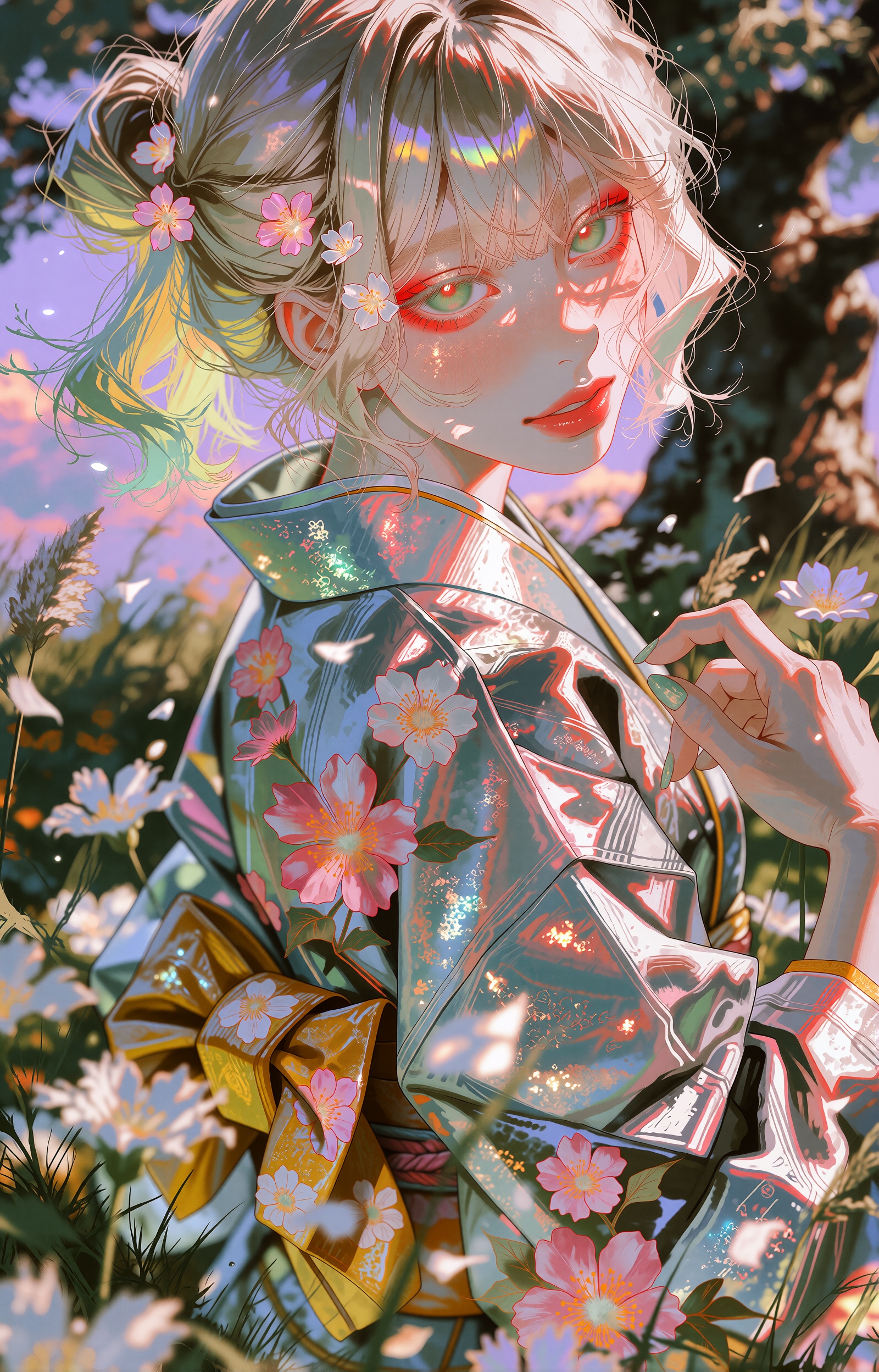 A luminous anime-style illustration depicts a young woman with long platinum-blonde hair,  partly gathered up,  tilting he...