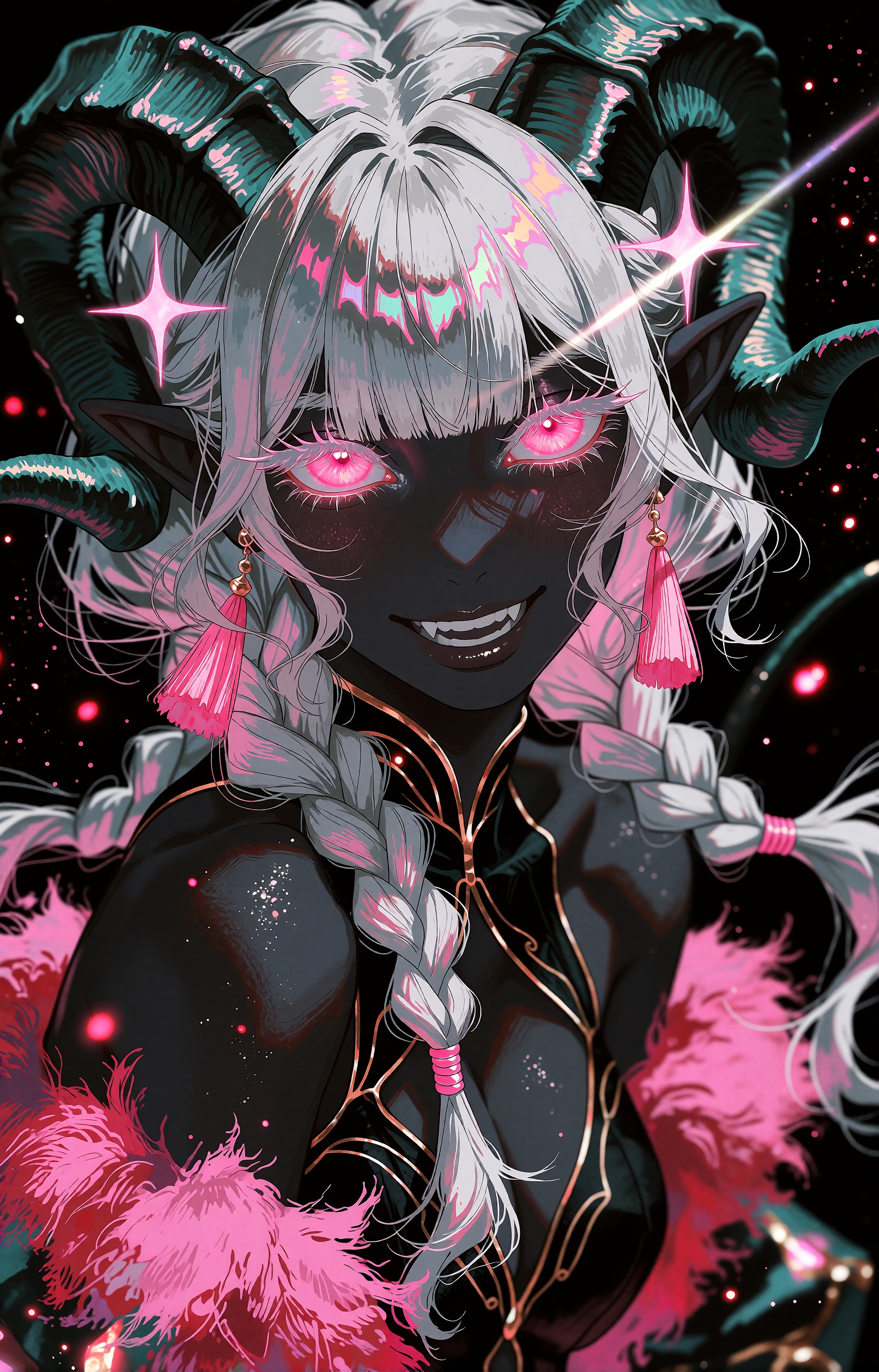 A close-up anime bust portrait of a young demon girl with dark charcoal-grey skin and long flowing silver-white hair,  blu...