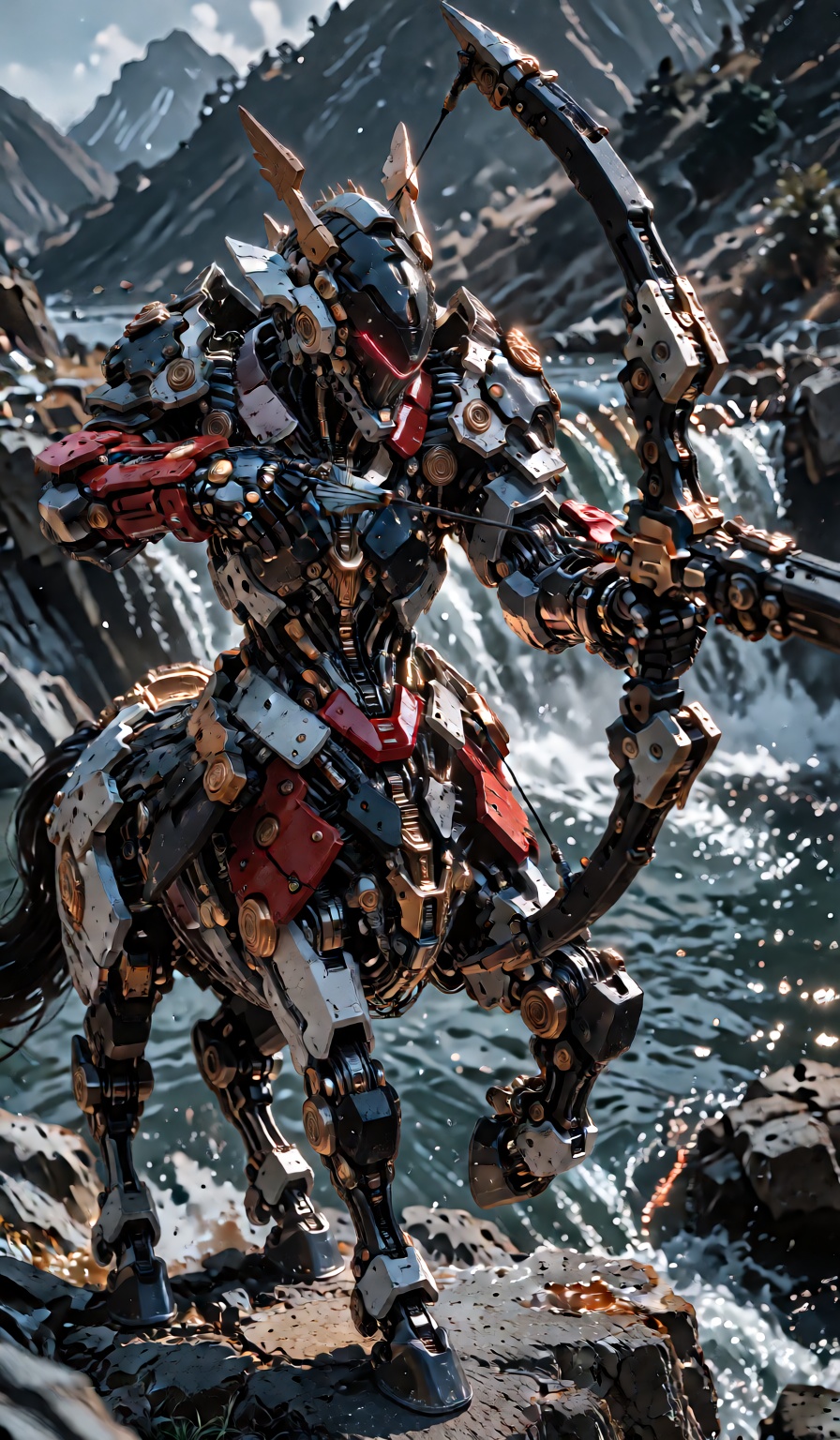 a black and red mecha-armor Sagittarius centaur knight with gold accents aiming with a super-advanced bow,  a river in the...