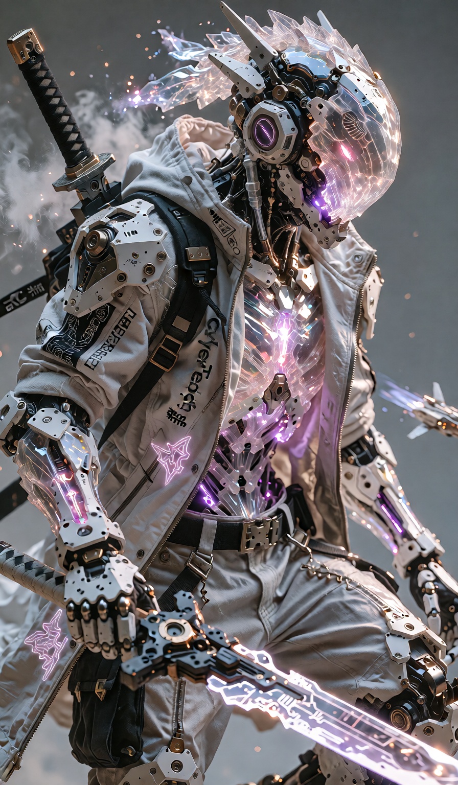 A hyper-realistic full body poster-style portrait,  studio lighting,  depth of field. A futuristic exohumanoid soldier inf...