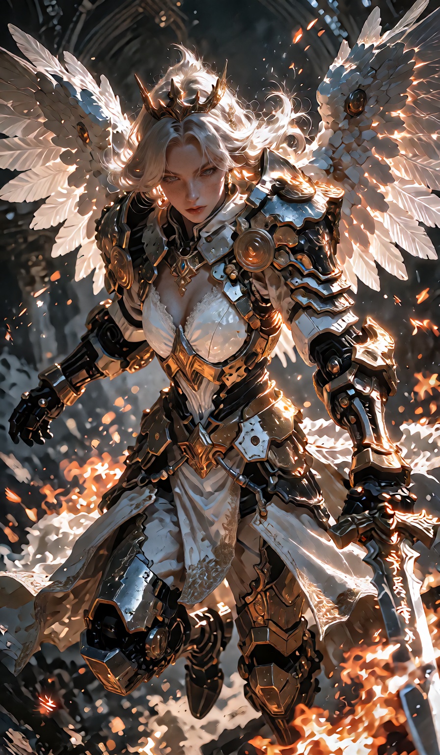 A breathtaking,  ultra-realistic cinematic fantasy portrait of a seductive and powerful female archangel hovering mid-air...