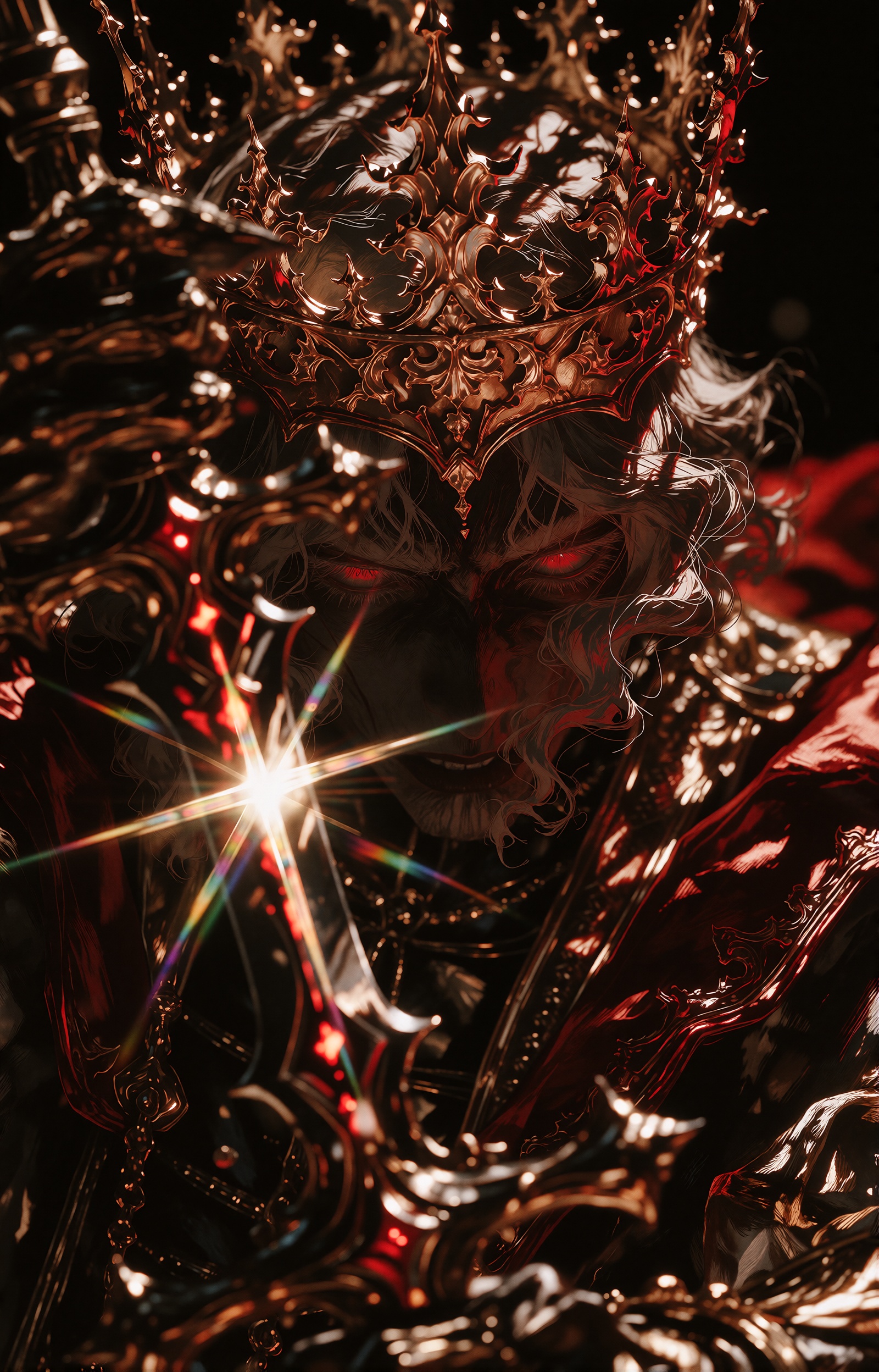 Dark fantasy oil painting of an ominous demonic sovereign wearing an impossibly ornate baroque crown of molten gold and co...