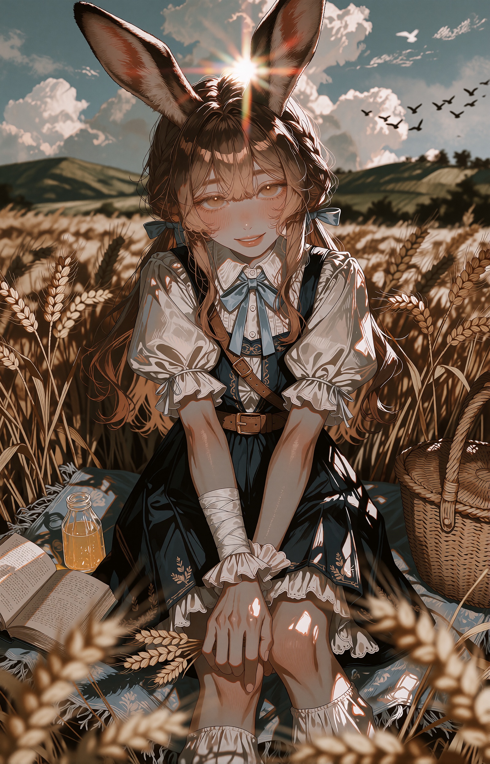 A young anime girl with extraordinarily long hare-like rabbit ears and flowing chestnut-brown hair sits among ripe golden...