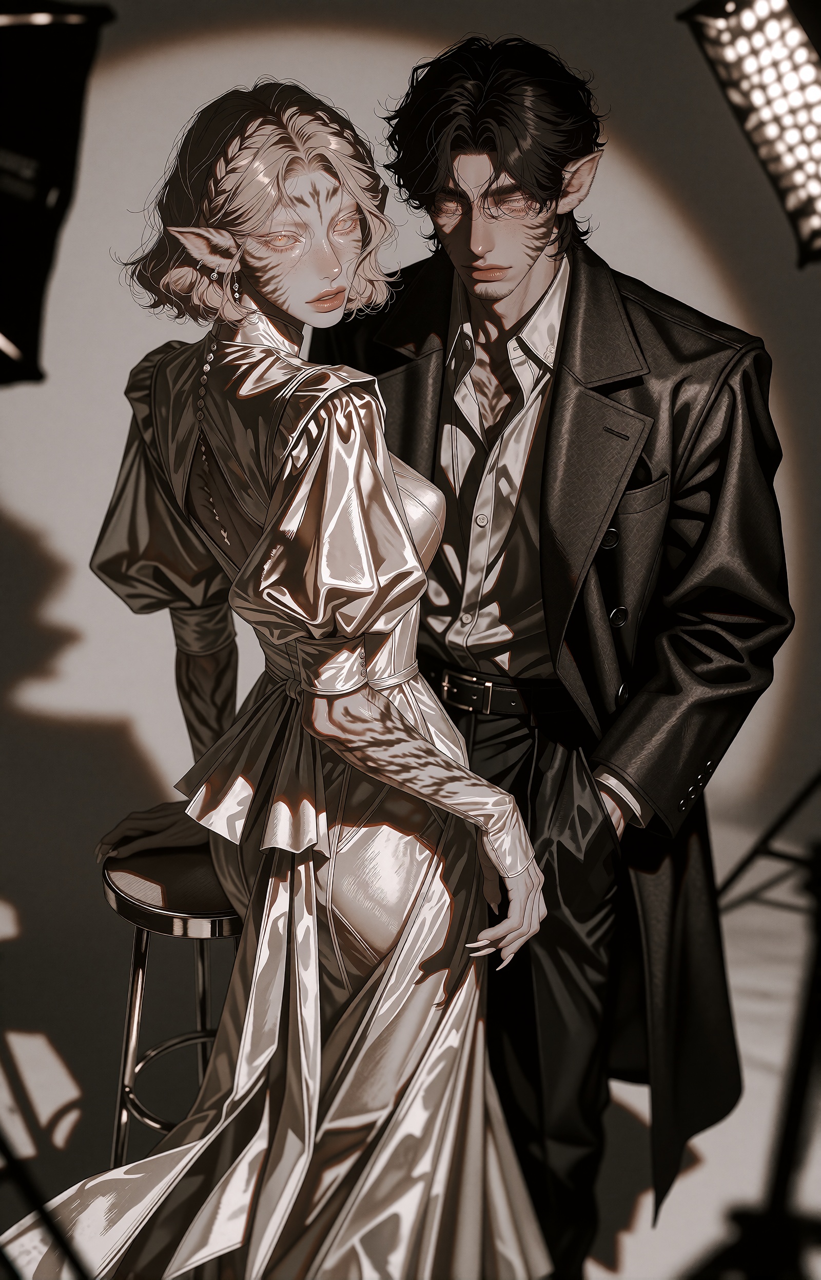 A professional fashion photoshoot of two demi-human models,  one male and one female,  rendered in a semi-realistic manhwa...
