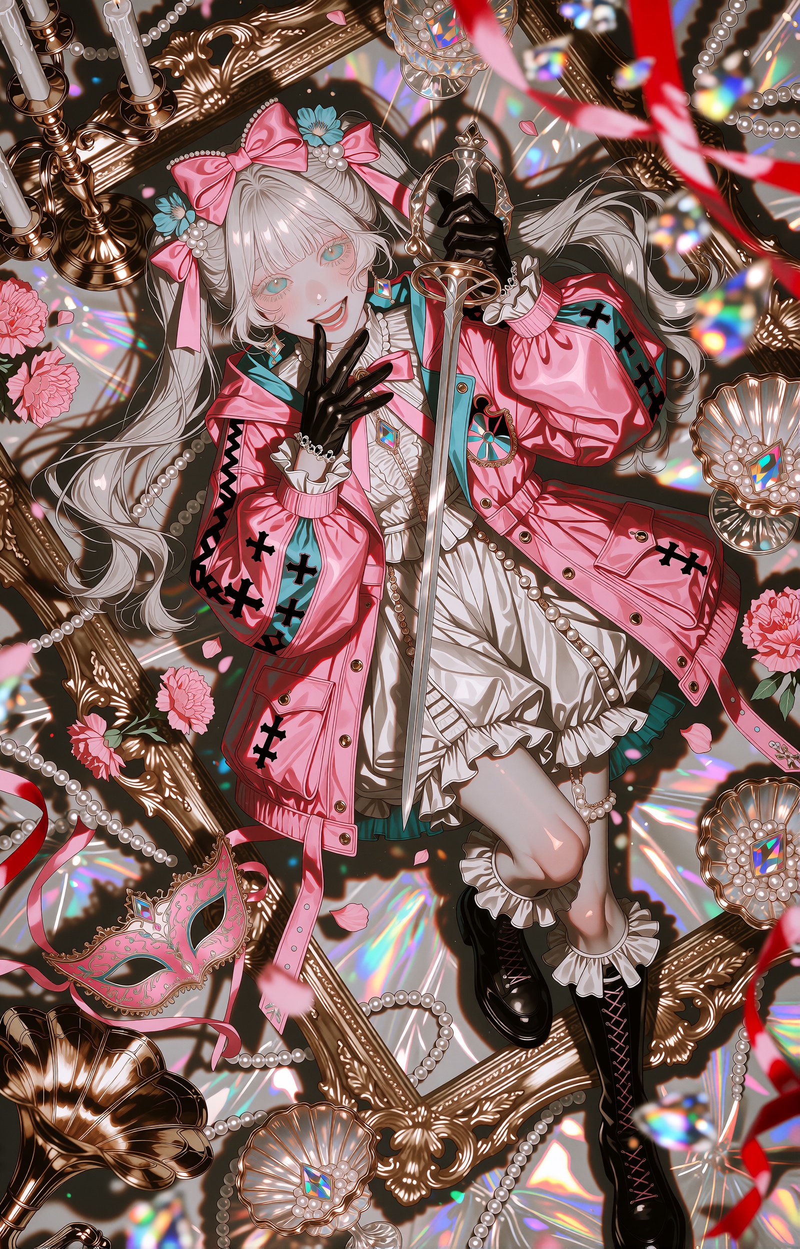 A joyful anime girl with long flowing silver-white hair and bright teal eyes lies diagonally across an ornate overhead tab...