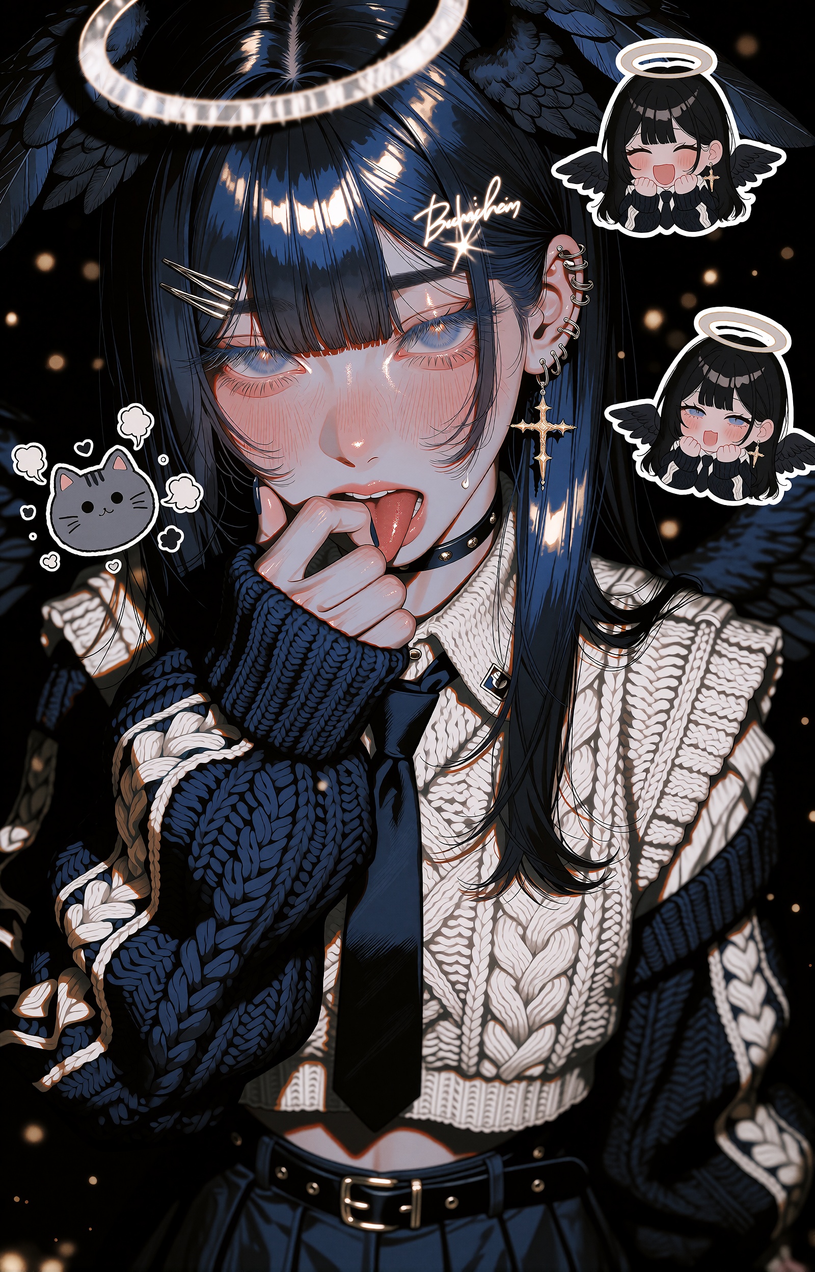 A teasing anime girl with very long straight black hair carrying a deep blue sheen and blunt straight bangs looks at the v...