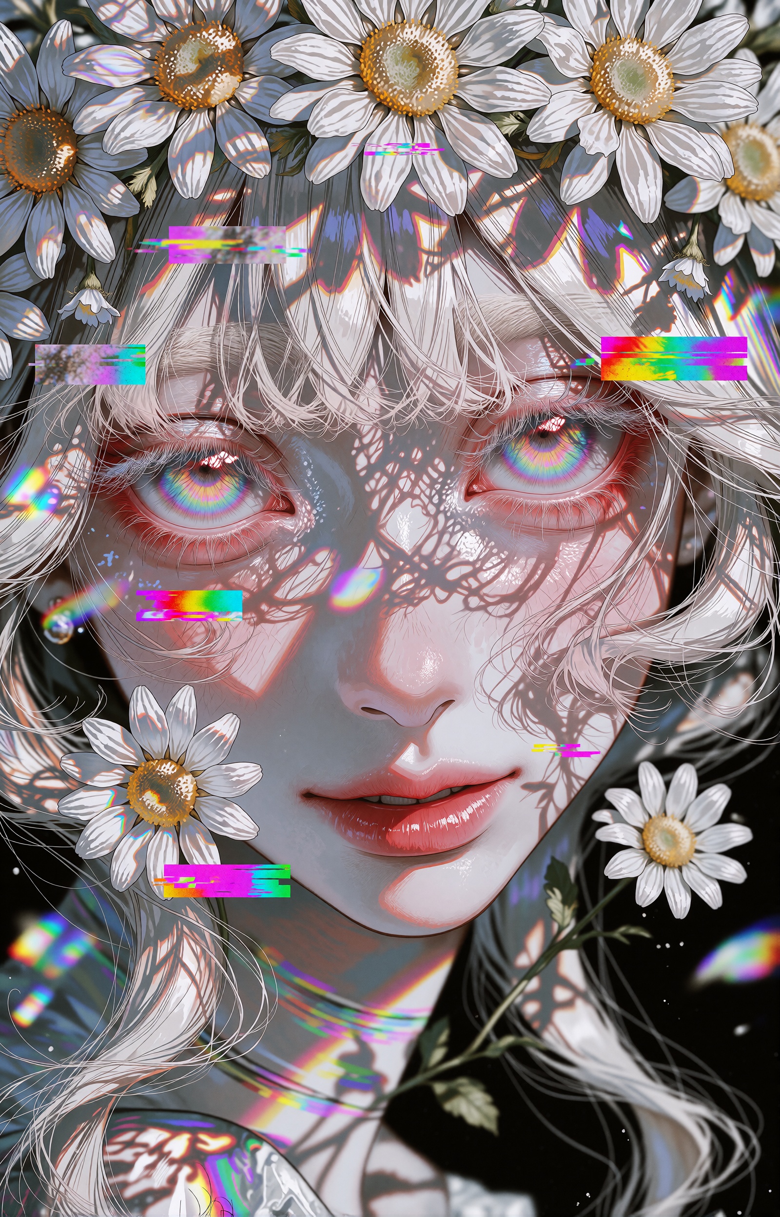 A close-up anime portrait of a young girl with long flowing white-silver hair and pale luminous skin,  her head crowned by...