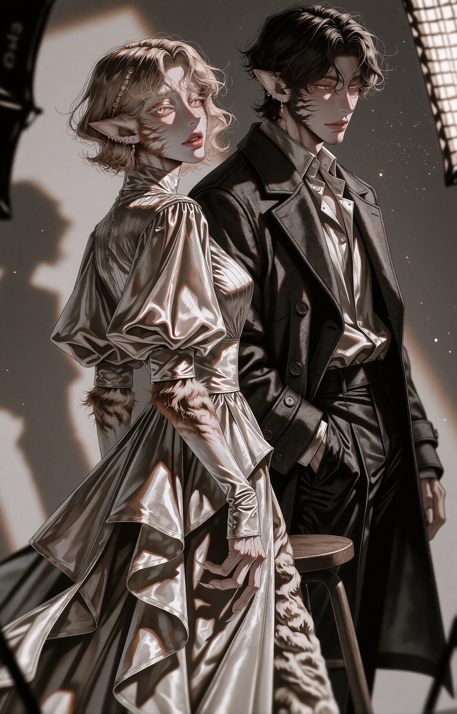 A professional fashion photoshoot of two demi-human models,  one male and one female,  rendered in a semi-realistic manhwa...