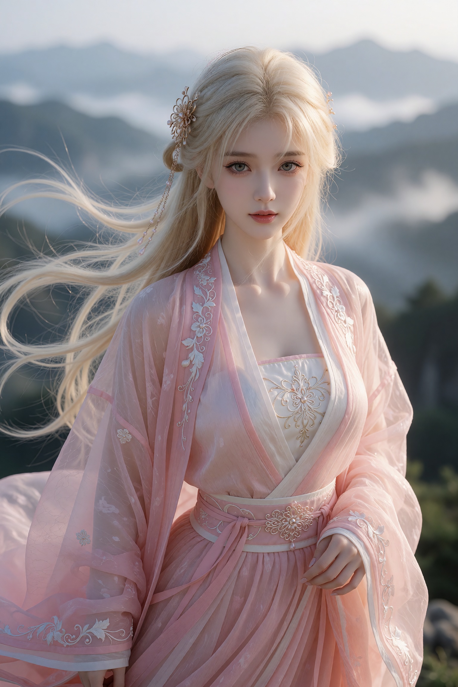 3D rendered character,  中景画面,  一位女子内穿粉色为主、白色刺绣的仙气着装 by 月恋-❀ on Tensor.Art