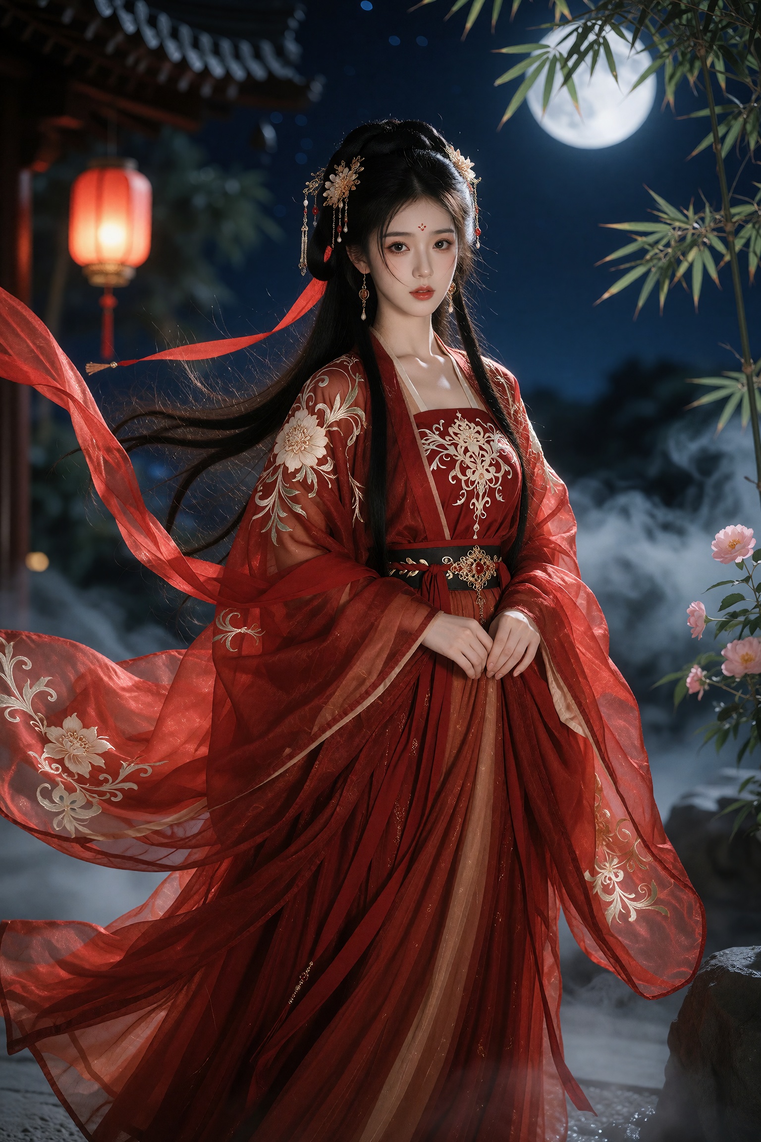 清艳绝伦的国风美人,  身着一袭绯红织金汉服,  绛色轻纱长裙层叠如霞 on Tensor.Art