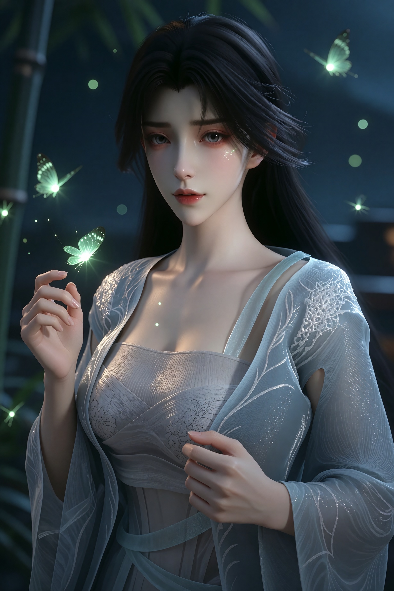 3D rendered character,  中景画面,  一位美丽女子站在夜间的竹林中 on Tensor.Art