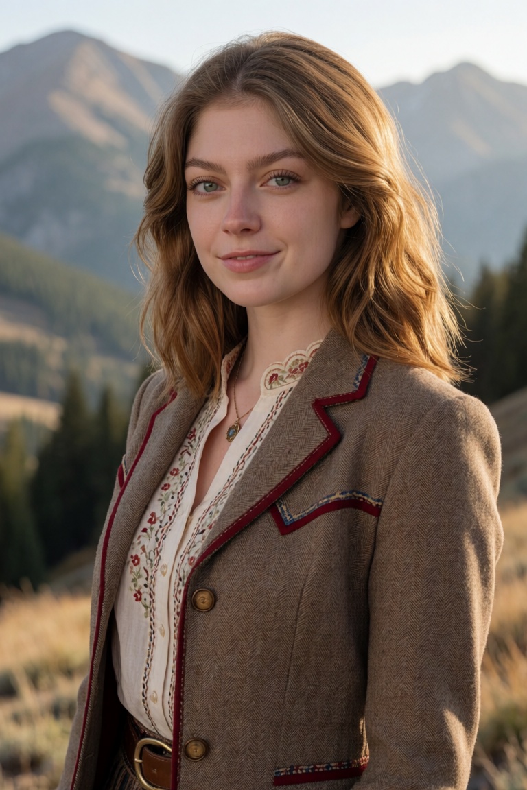 Professional editorial portrait photograph captured in a breathtaking mountainous landscape during golden-hour daylight. T...