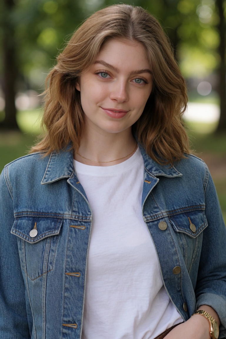 Professional editorial portrait photograph taken during an outdoor photoshoot in a park. Captured with a full-frame camera...