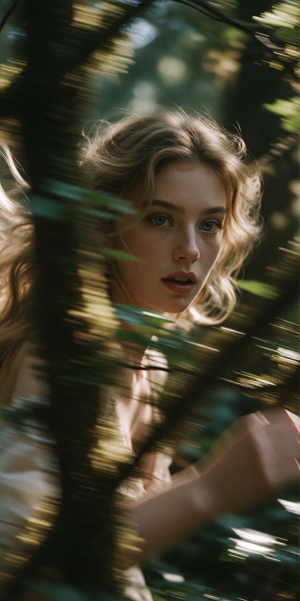 A cinematic fleeting glimpse of a beautiful forest nymph sprinting through an ancient woodland,  seen through trees that p...