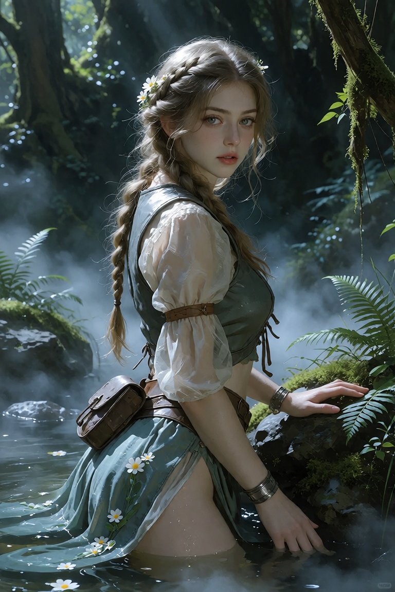 A highly realistic oil painting of a single young ***** Naiad named Misty standing beside a mist-covered forest pond,  com...