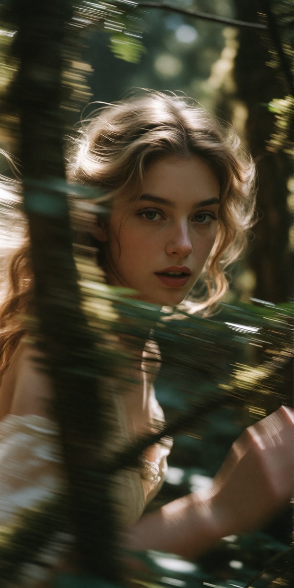 A cinematic fleeting glimpse of a beautiful forest nymph sprinting through an ancient woodland,  seen through trees that p...