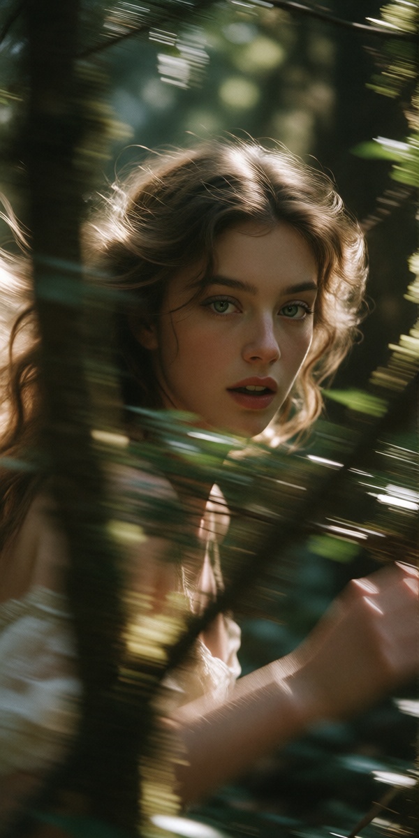 A cinematic fleeting glimpse of a beautiful forest nymph sprinting through an ancient woodland,  seen through trees that p...