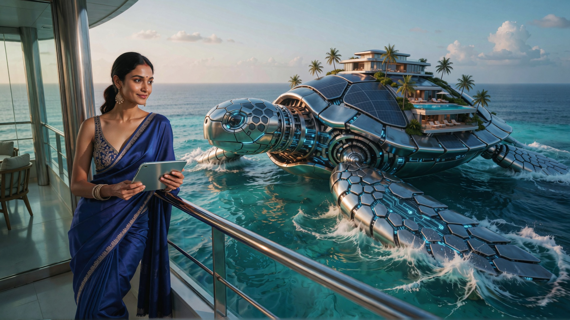 A beautiful sultry Hindu woman wearing a form-fitting sapphire blue silk sari and a deep-cut silver-embroidered blouse,  f...