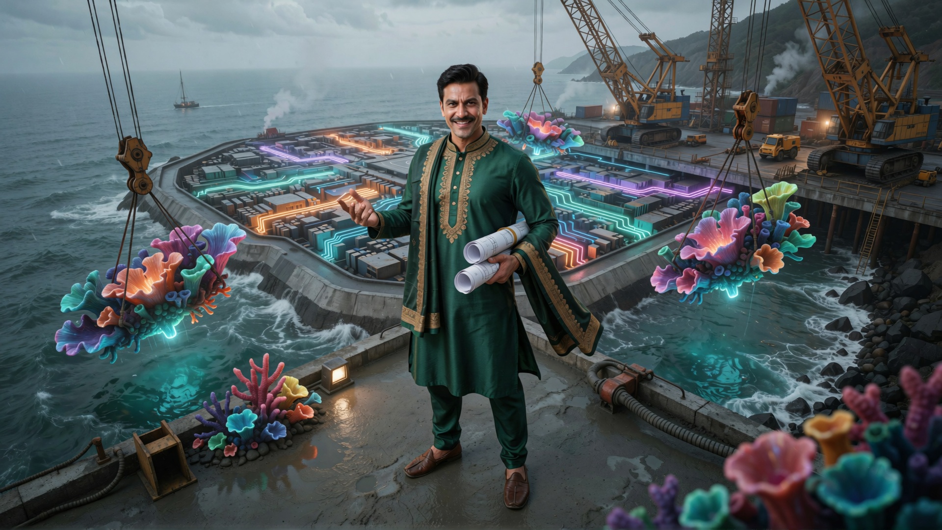 A handsome Hindu man wearing a tailored emerald green silk kurta with intricate gold embroidery and a matching dark shawl,...