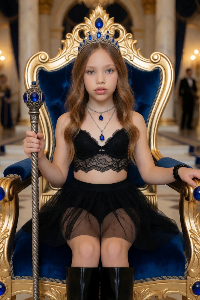 This is a medium shot of a young girl seated on an ornate throne chair positioned centrally within a grand,  opulent inter...