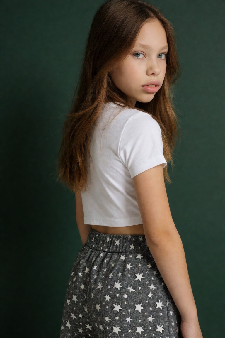 young girl with an apparent age of approximately 10 to 12 years old stands in a three-quarter rear pose,  her body slightl...